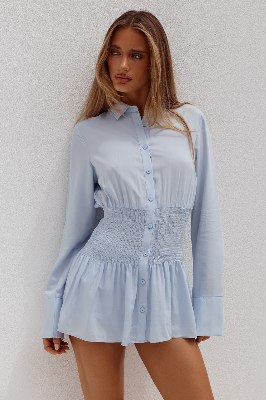 ADORA LONG SLEEVE SHIRRED SHIRT - BLUE