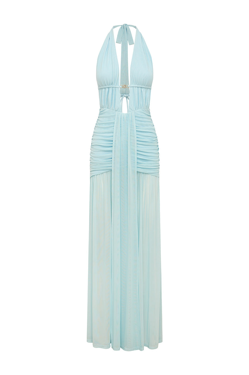 ADRIANNA PLUNGE RUCHED MAXI DRESS - AQUA - ADRIANNAPLUNGERUCHEDMAXIDRESS-AQUA