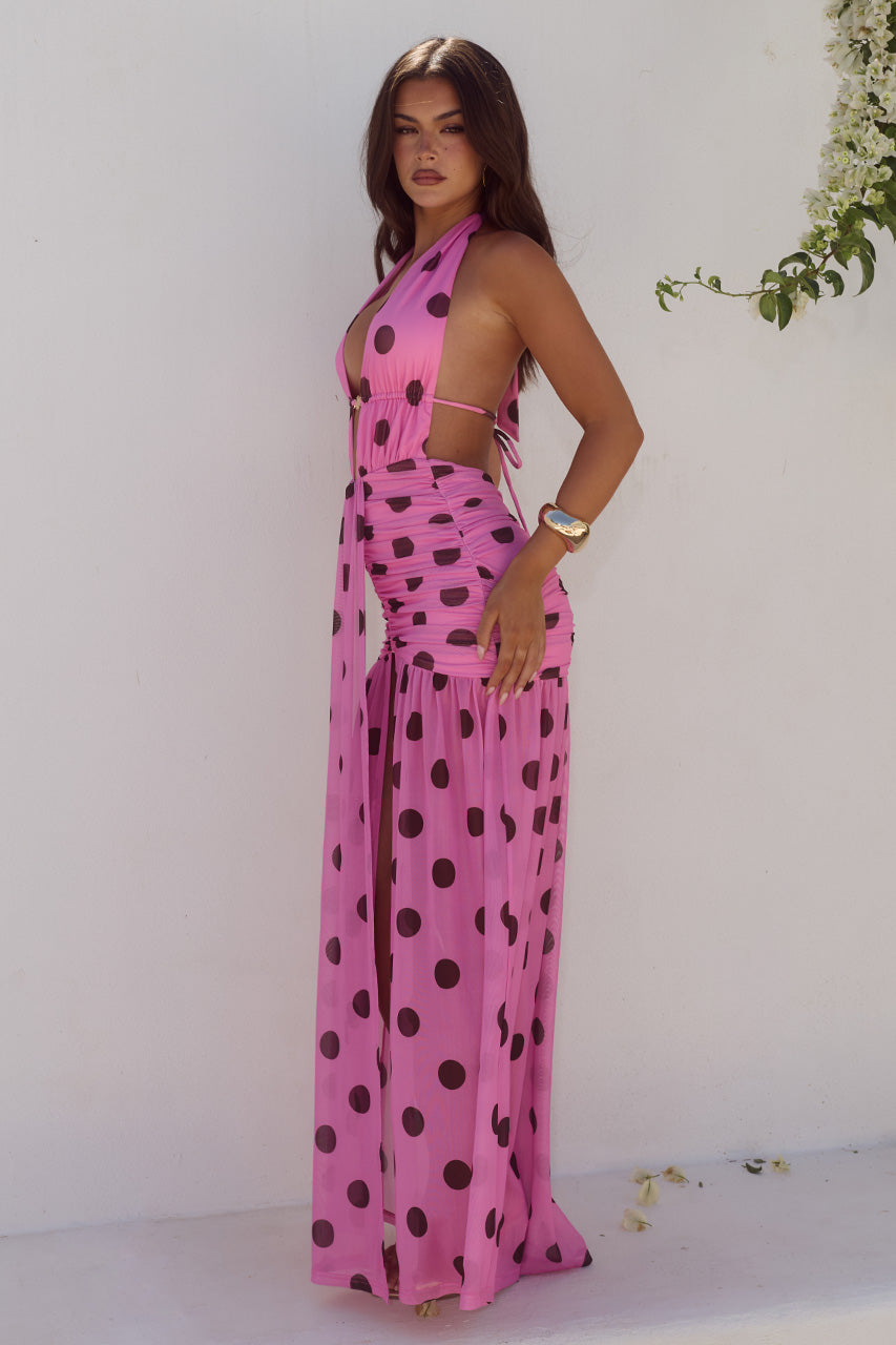 ADRIANNA PLUNGE RUCHED MAXI DRESS - MUSK/CHOC POLKA - ADRIANNAPLUNGERUCHEDMAXIDRESS-MUSKCHOCPOLKA-05