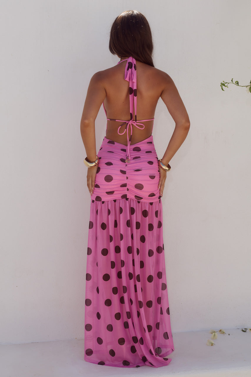 ADRIANNA PLUNGE RUCHED MAXI DRESS - MUSK/CHOC POLKA - ADRIANNAPLUNGERUCHEDMAXIDRESS-MUSKCHOCPOLKA-06