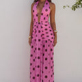 ADRIANNA PLUNGE RUCHED MAXI DRESS - MUSK/CHOC POLKA