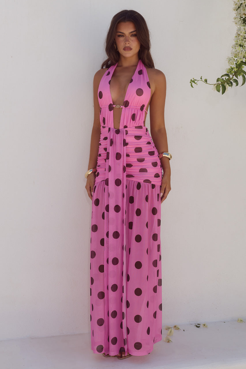 ADRIANNA PLUNGE RUCHED MAXI DRESS - MUSK/CHOC POLKA XXL - ADRIANNAPLUNGERUCHEDMAXIDRESS-MUSKCHOCPOLKA-09