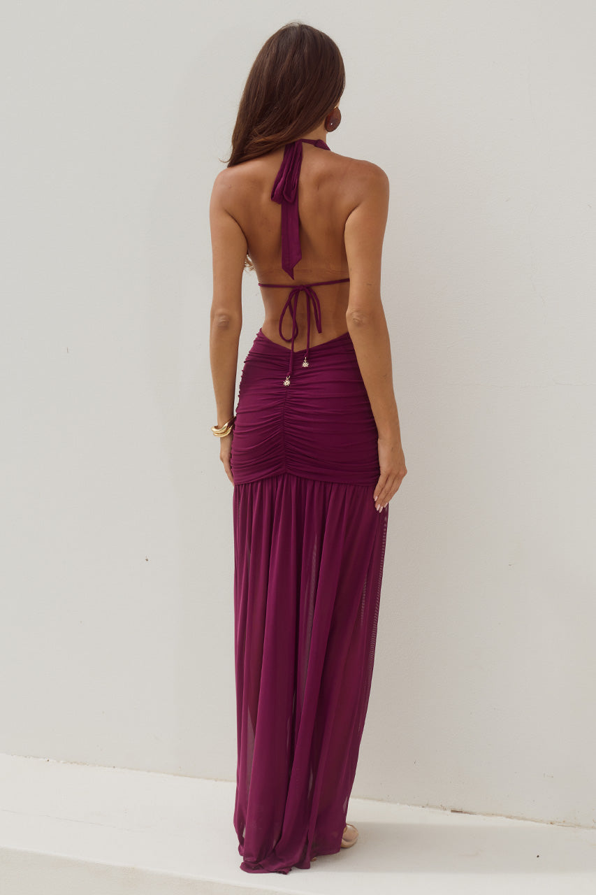 ADRIANNA PLUNGE RUCHED MAXI DRESS - PLUM