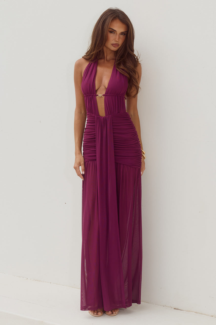 ADRIANNA PLUNGE RUCHED MAXI DRESS - PLUM