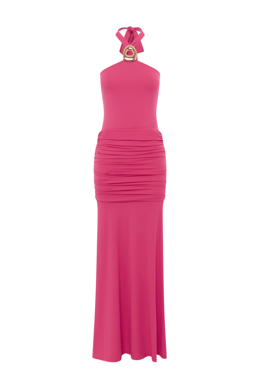 ALOLA HALTER RUCHED MAXI DRESS - HOT PINK - ALOLAHALTERRUCHEDMAXIDRESS-HOTPINK1