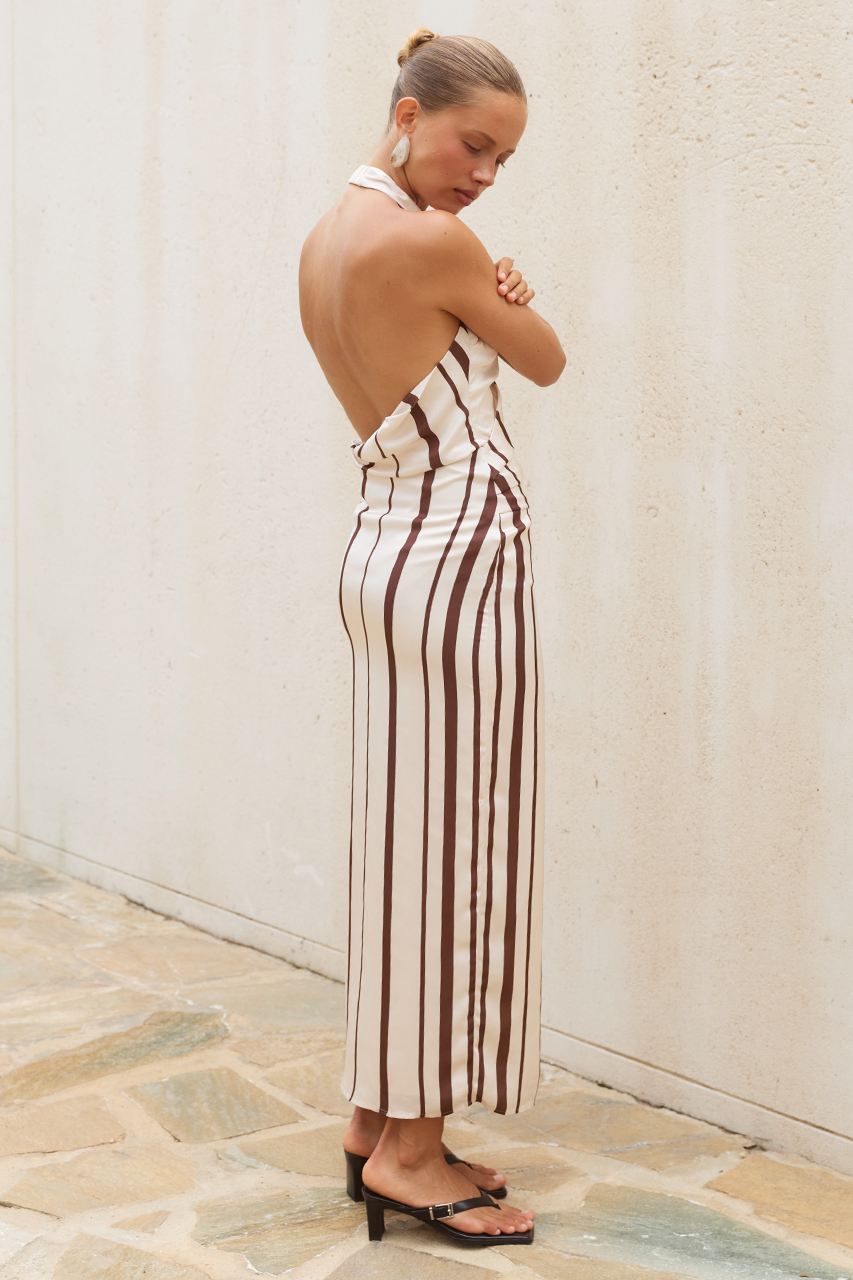 ALVA HALTER FAUX WRAP MAXI DRESS - SAND/CHOCOLATE STRIPE - ALVAHALTERFAUXWRAPMAXIDRESS-SAND_CHOCOLATESTRIPE-3