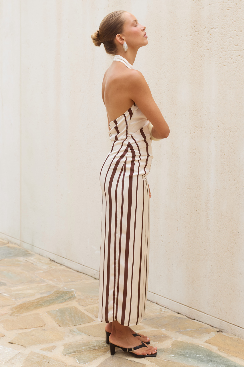 ALVA HALTER FAUX WRAP MAXI DRESS - SAND/CHOCOLATE STRIPE - ALVAHALTERFAUXWRAPMAXIDRESS-SAND_CHOCOLATESTRIPE-4