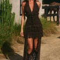 ANNELISE V-NECK RUFFLE MAXI DRESS - BITTER CHOCOLATE
