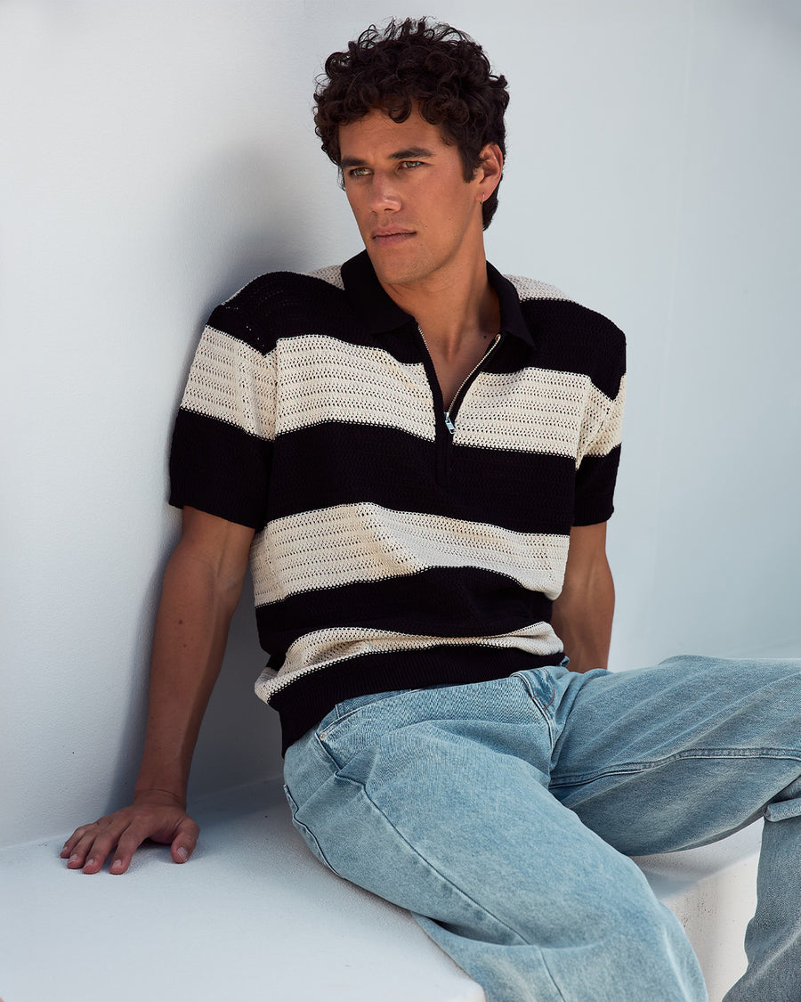 ANTONY ZIP POLO KNIT TOP - BLACK/SAND - ANTONYZIPPOLOKNITTOP-BLACKSAND-1