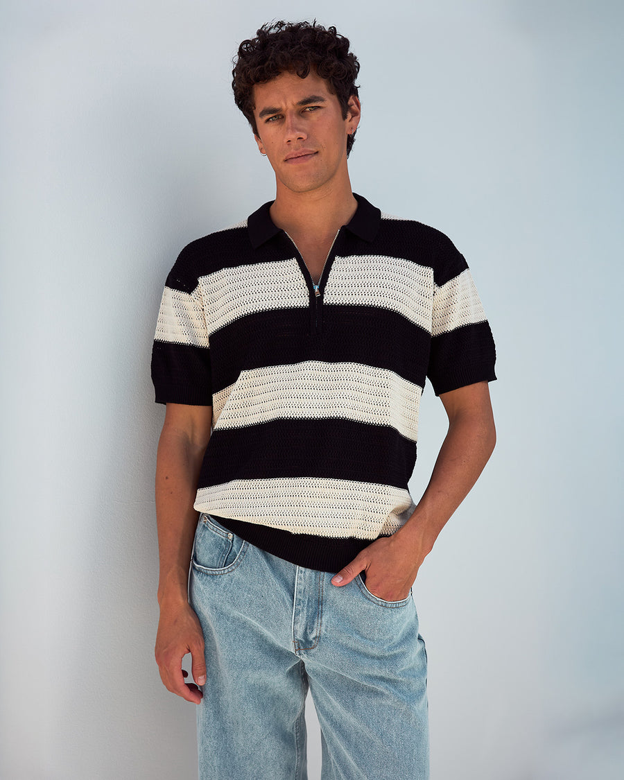 ANTONY ZIP POLO KNIT TOP - BLACK/SAND - ANTONYZIPPOLOKNITTOP-BLACKSAND-4