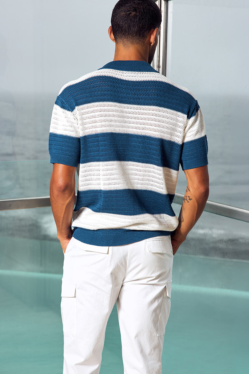 ANTONY ZIP POLO KNIT TOP - NAVY/WHITE STRIPE