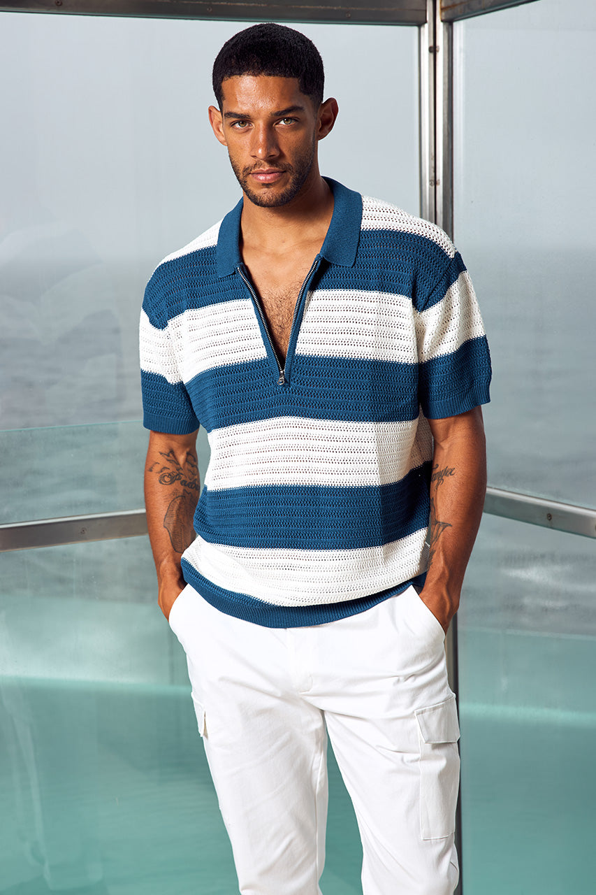 ANTONY ZIP POLO KNIT TOP - NAVY/WHITE STRIPE