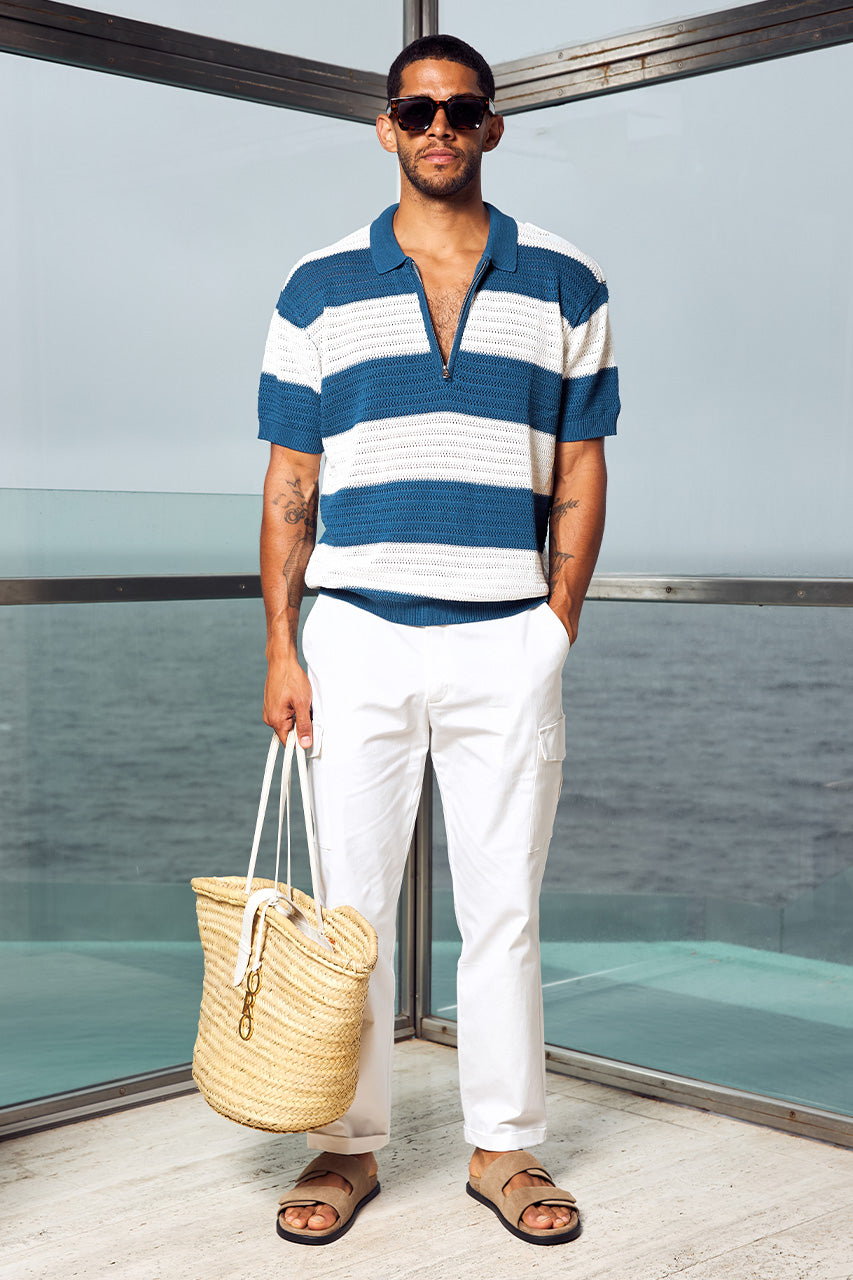 ANTONY ZIP POLO KNIT TOP - NAVY/WHITE STRIPE - ANTONYZIPPOLOKNITTOP-NAVY_WHITESTRIPEXCRUISETAPEREDCARGOPANT-WHITE_-2