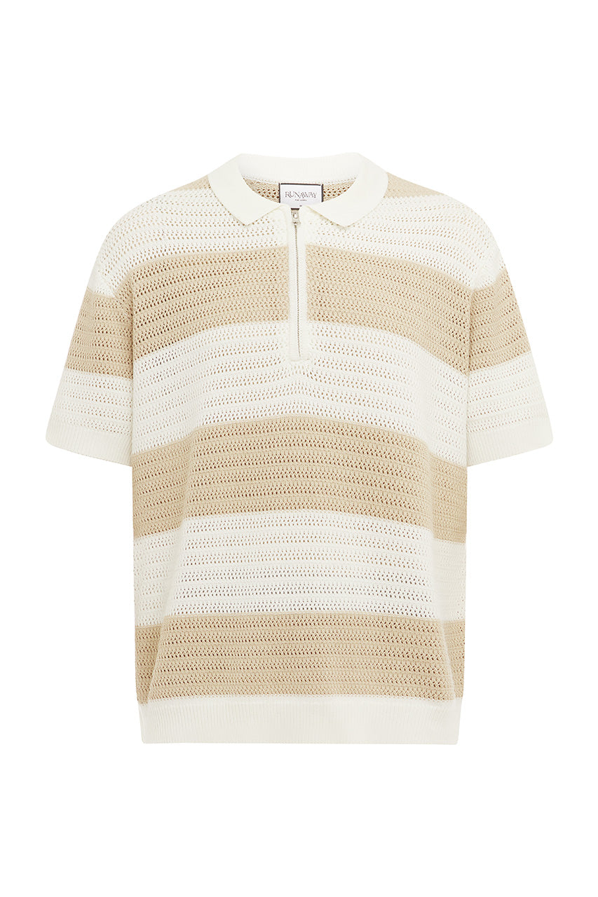 ANTONY ZIP POLO KNIT TOP - WHITE/SAND STRIPE - ANTONYZIPPOLOKNITTOP-SAND_WHITESTRIPE