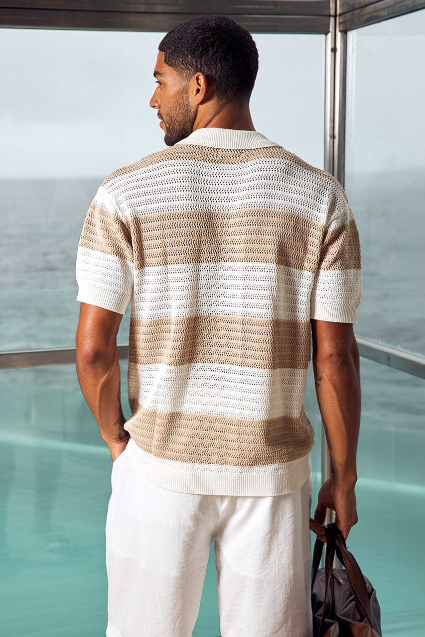 ANTONY ZIP POLO KNIT TOP - WHITE/SAND STRIPE - ANTONYZIPPOLOKNITTOP-SAND_WHITESTRIPEXFINLEYTAILOREDSHORTS-WHITE-1