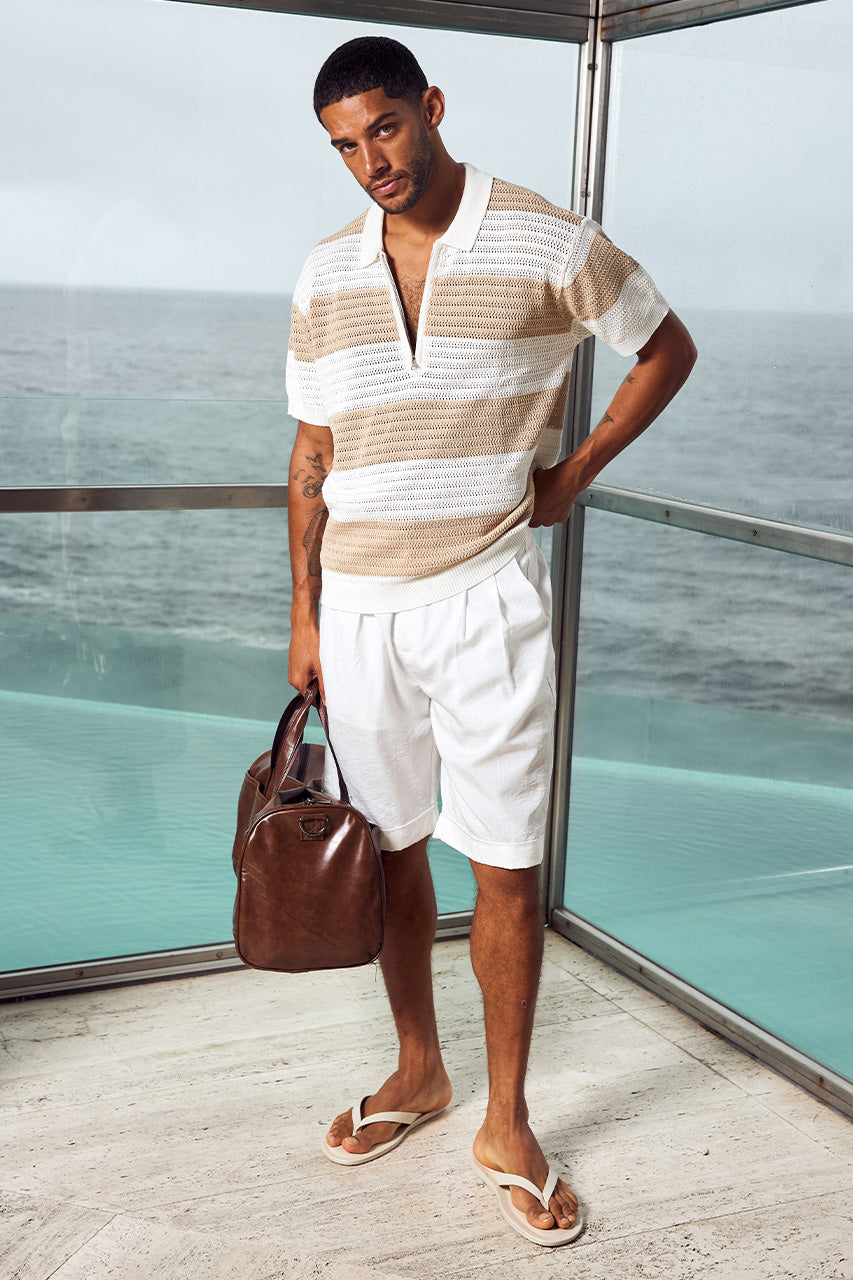 ANTONY ZIP POLO KNIT TOP - WHITE/SAND STRIPE - ANTONYZIPPOLOKNITTOP-SAND_WHITESTRIPEXFINLEYTAILOREDSHORTS-WHITE-2