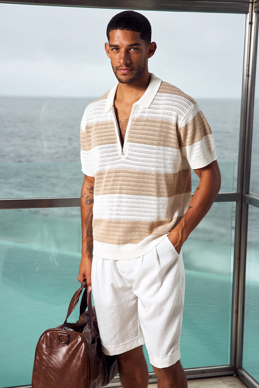 ANTONY ZIP POLO KNIT TOP - WHITE/SAND STRIPE