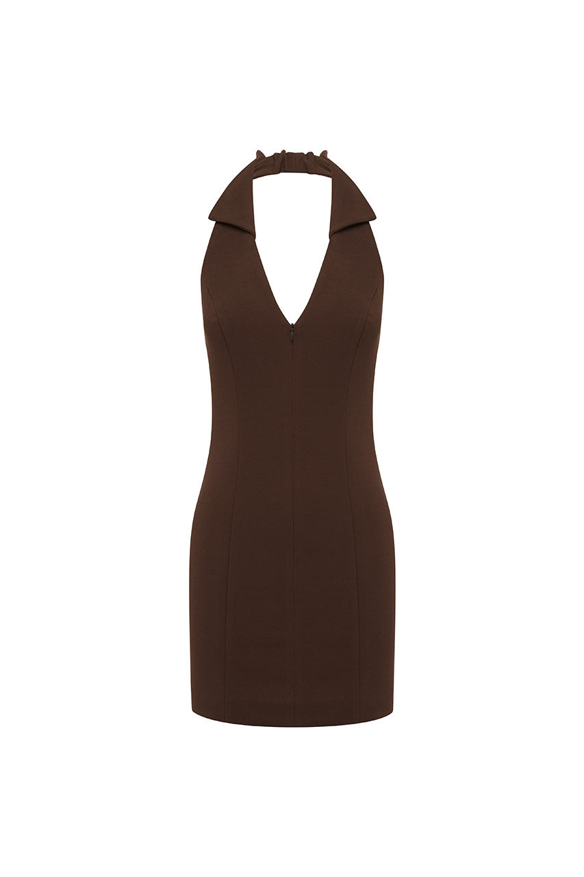 ARCHER COLLAR ZIP FRONT MINI DRESS - BITTER CHOCOLATE - ARCHERCOLLARZIPFRONTMINIDRESSCHOCOLATE