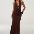 ARINA HALTER V-NECK MAXI DRESS - ESPRESSO