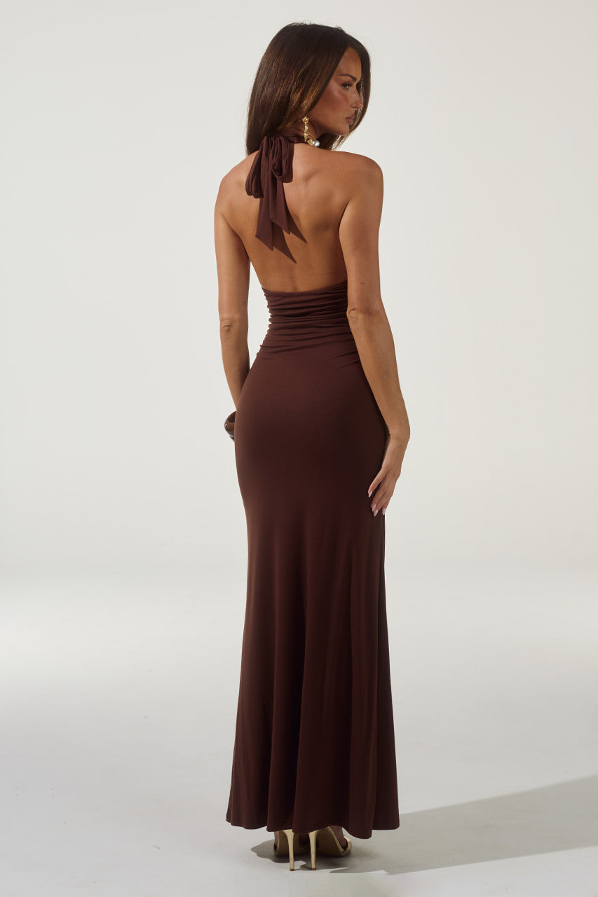 ARINA HALTER V-NECK MAXI DRESS - ESPRESSO - ARINAHALTERV-NECKMAXIDRESS-ESPRESSO