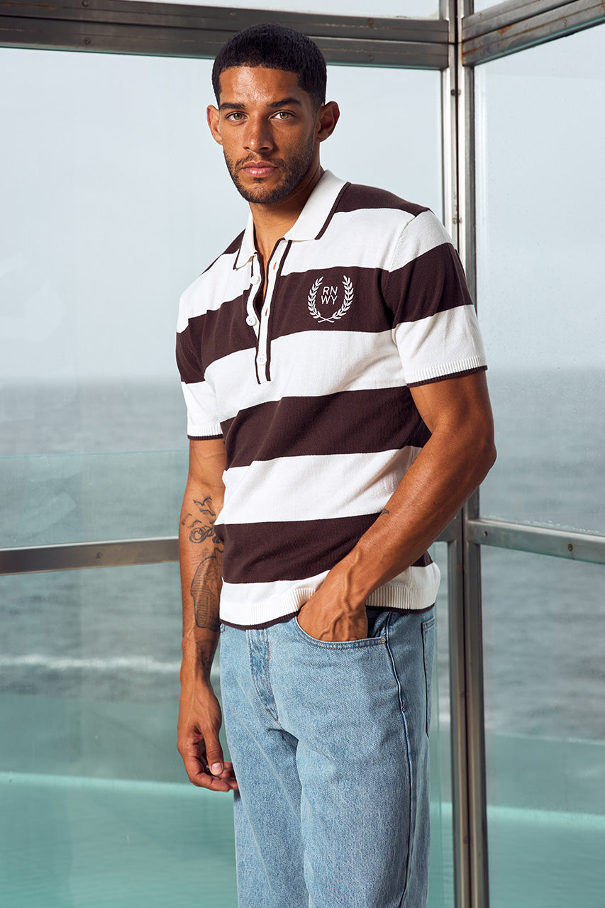 ASPIN SHORT SLEEVE POLO KNIT TOP - CHOCOLATE/WHITE - ASPINSHORTSLEEVEPOLOKNITTOP-CHOCOLATE_WHITE-1