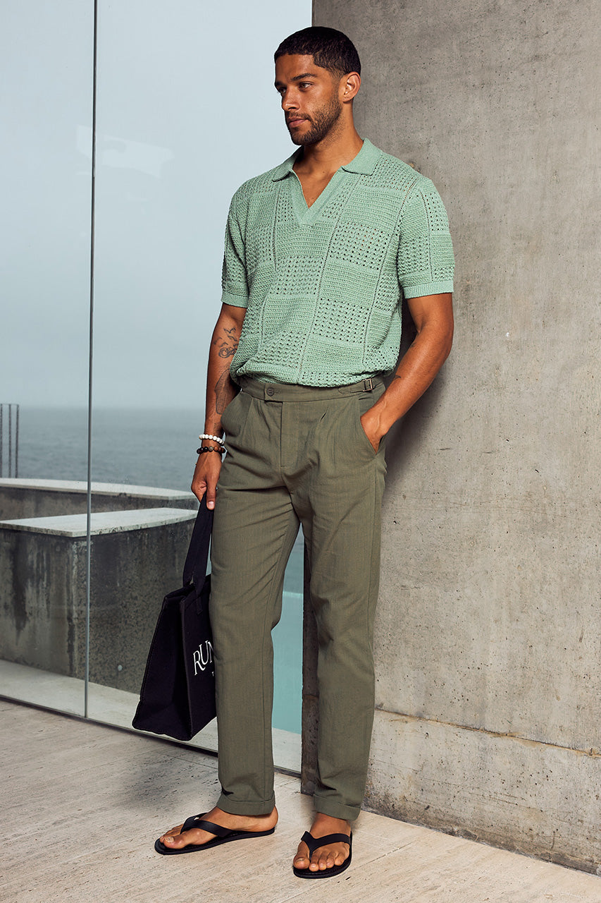 TARIAN SLIM TAILORED PANT - KHAKI - ATLAS_SHORT_SLEEVE_POLO_KNIT_TOP_-_GREEN_X_TARIAN_SLIM_TAILORED_PANT_-_KHAKI