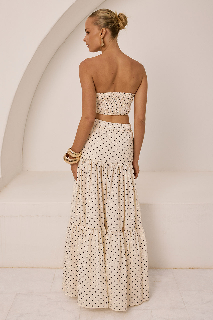 AYLA TIERED MAXI SKIRT - CREAM/BLACK POLKA - AYLASTRAPLESSTOP-WHITEBLACKPOLKAXAYLATIEREDMAXISKIRT-WHITEBLACKPOLKA-5