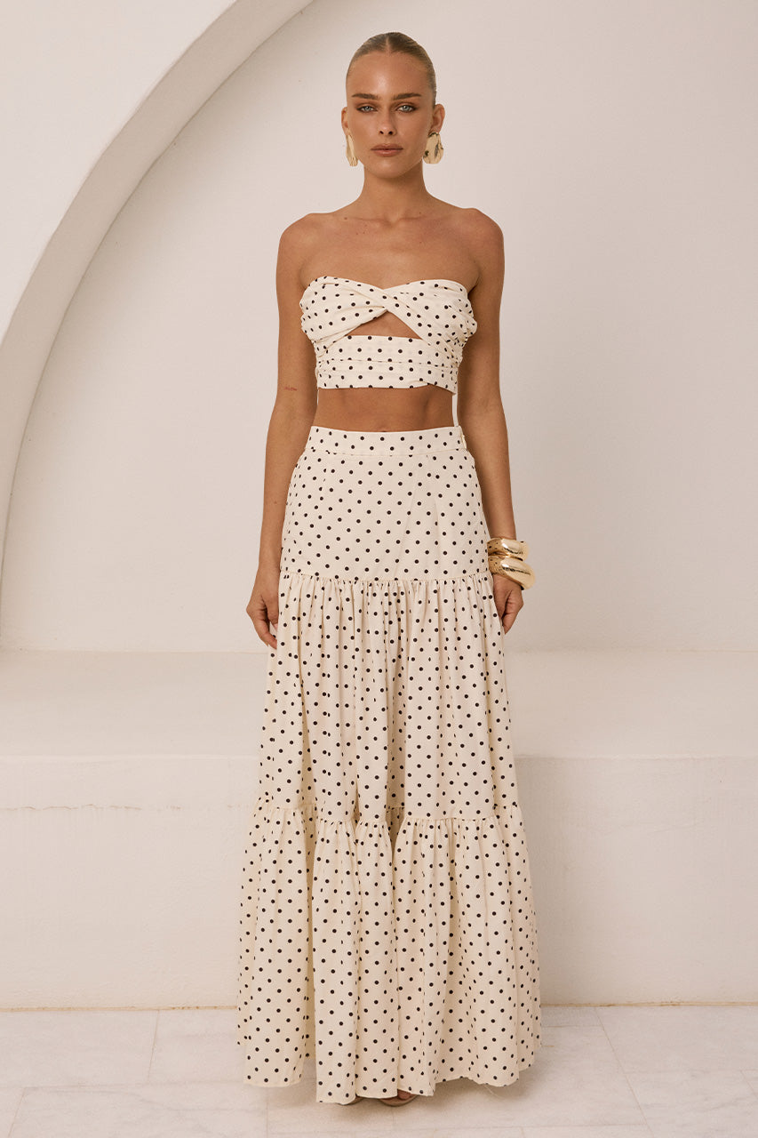 AYLA TIERED MAXI SKIRT - CREAM/BLACK POLKA - AYLASTRAPLESSTOP-WHITEBLACKPOLKAXAYLATIEREDMAXISKIRT-WHITEBLACKPOLKA