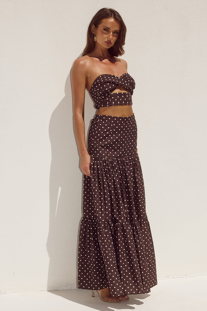 AYLA TIERED MAXI SKIRT - CHOC/LEMON POLKA - AYLASTRAPLESSTOPXAYLATIEREDMAXISKIRT-CHOCLEMONPOLKA-03