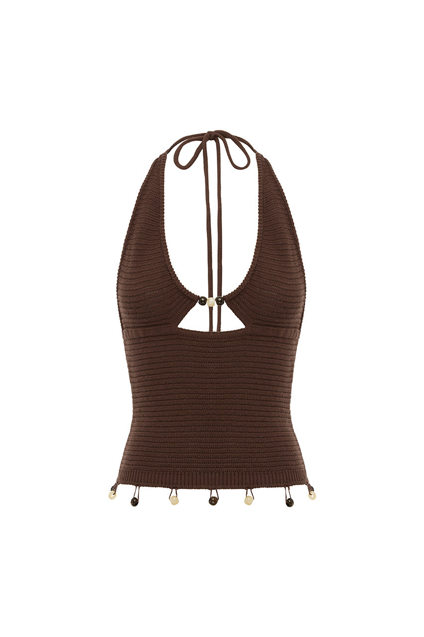 BAILEE DEEP-V HALTER KNIT TOP - COCOA - BAILEEDEEP-VHALTERKNITTOP-COCOA