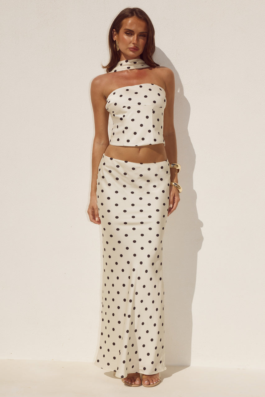 BLAINE LOW WAIST MAXI SKIRT - CREAM/BLACK POLKA - BLAINEREVERSEHALTERTOPXLOWWAISTMAXISKIRT-1