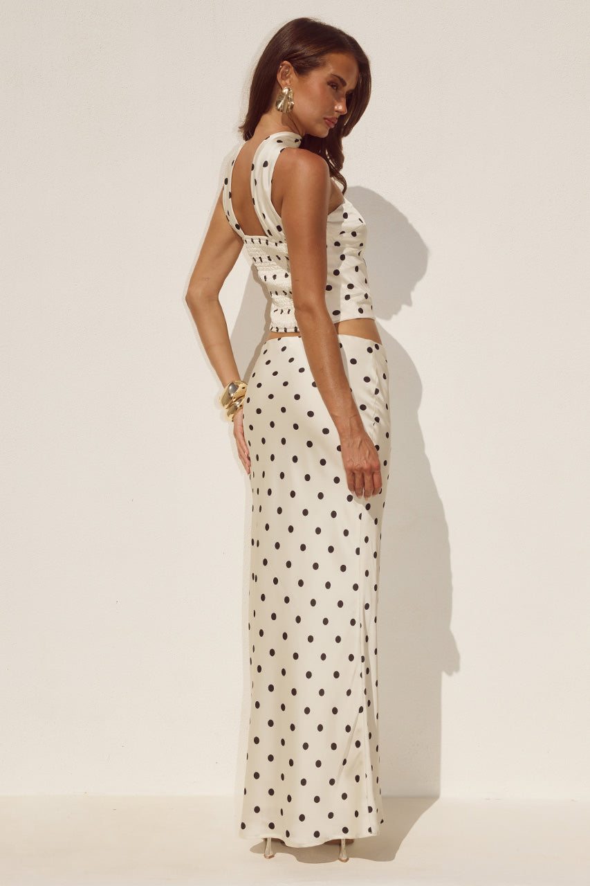 BLAINE REVERSE HALTER TOP - CREAM/BLACK POLKA - BLAINEREVERSEHALTERTOPXLOWWAISTMAXISKIRT-2