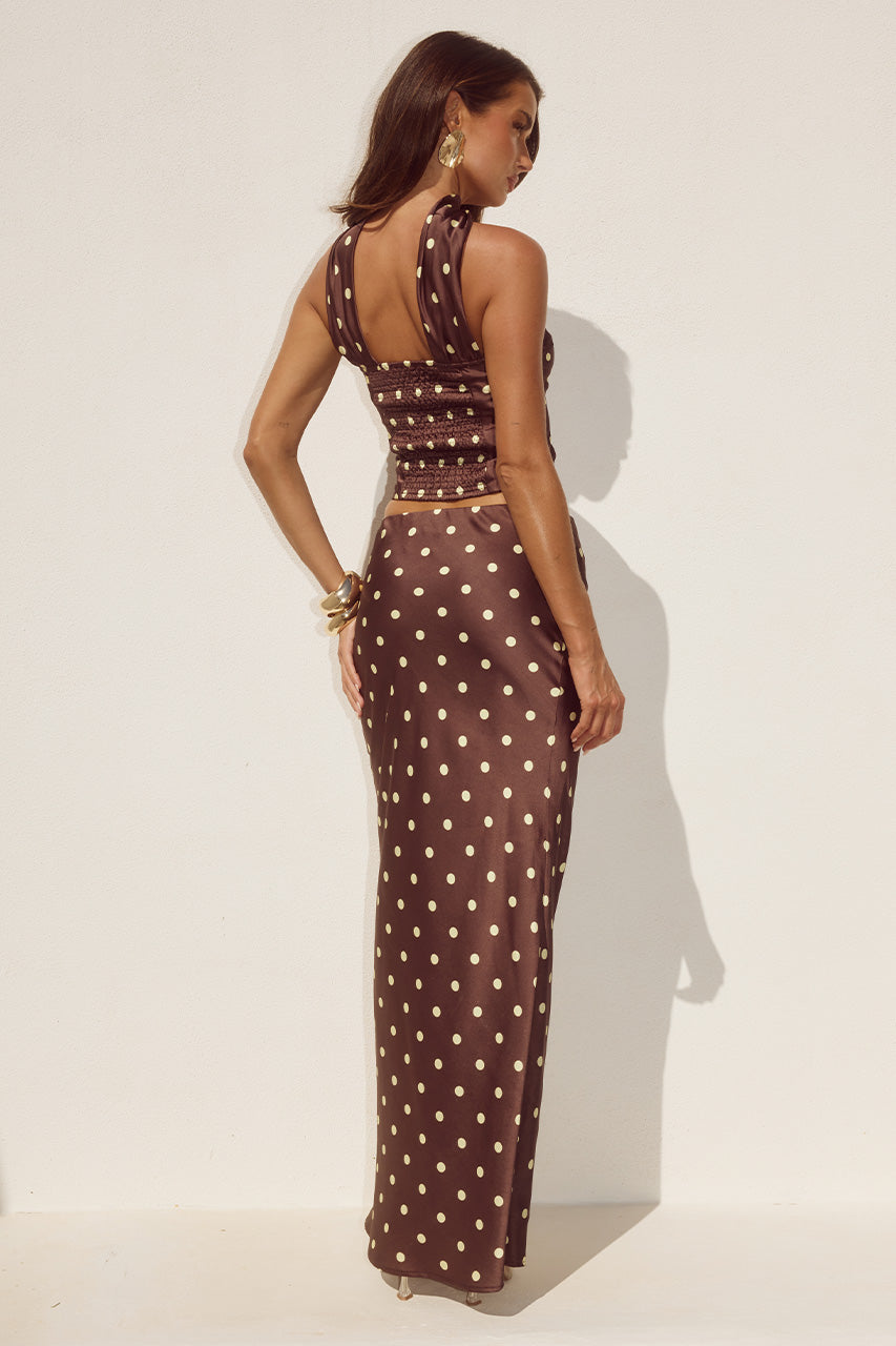 BLAINE REVERSE HALTER TOP - CHOC/LEMON POLKA - BLAINEREVERSEHALTERTOPXLOWWAISTMAXISKIRT-CHOCLEMONPOLKA