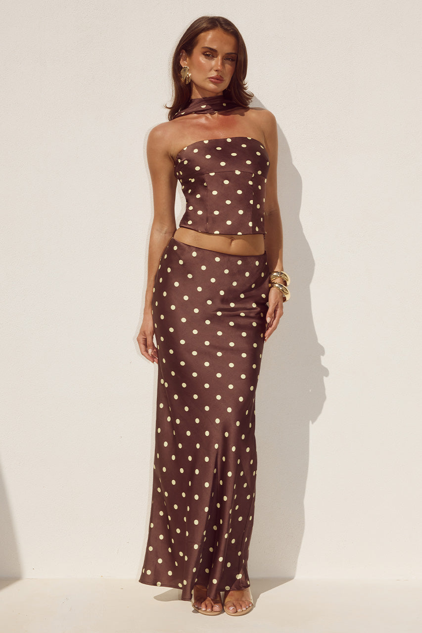 BLAINE LOW WAIST MAXI SKIRT - CHOC/LEMON POLKA