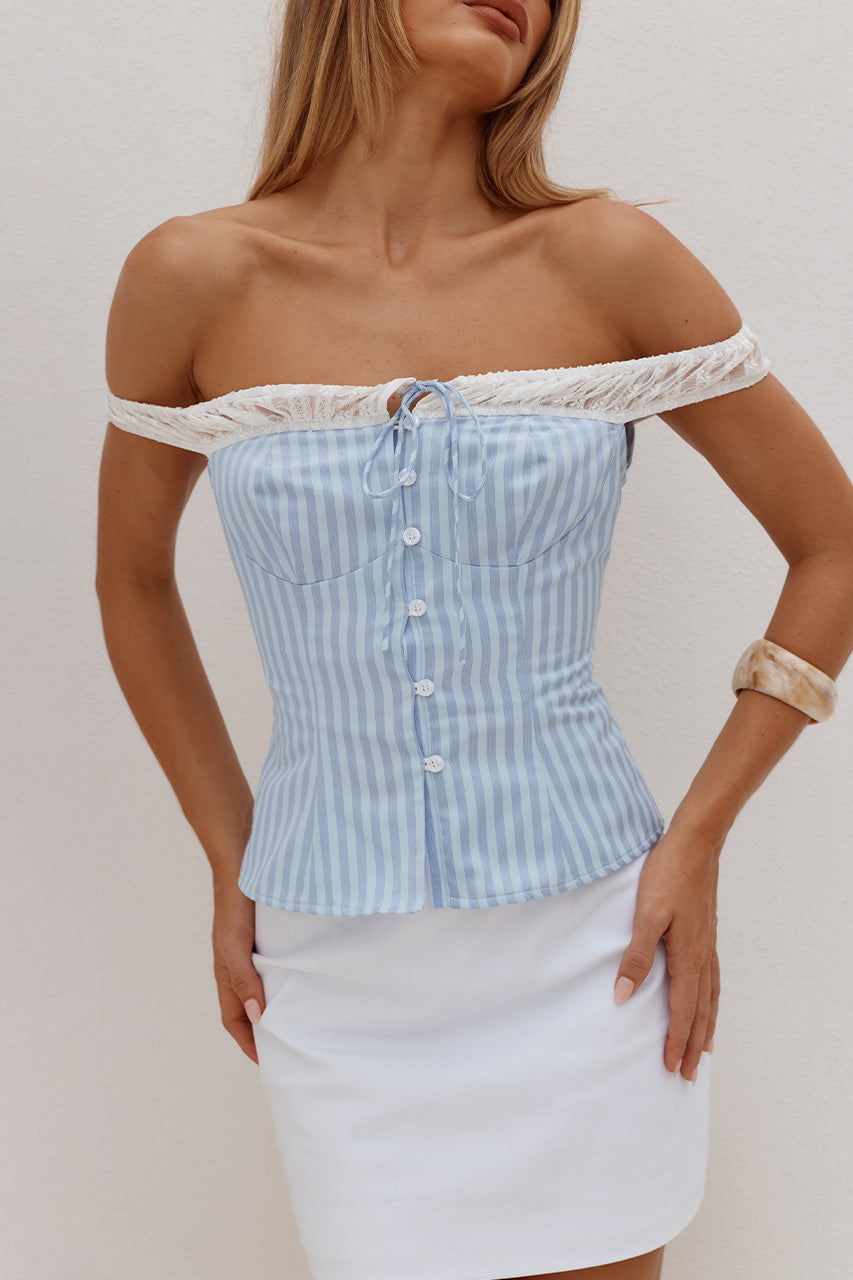 CARINA OFF SHOULDER FITTED TOP - BLUE STRIPE - CARINAOFFSHOULDERFITTEDTOP-BLUESTRIPEXSTELLAFITTEDMINISKIRT-WHITE-2