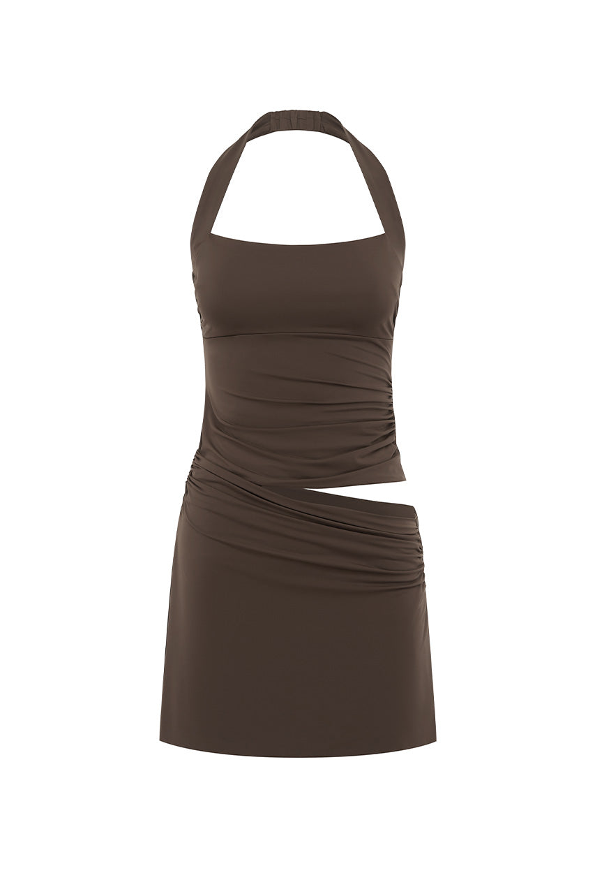 CEDAR HALTER CUTOUT MINI DRESS - BITTER CHOCOLATE - CEDARHALTERCUTOUTMINIDRESS-BITTERCHOCOLATE