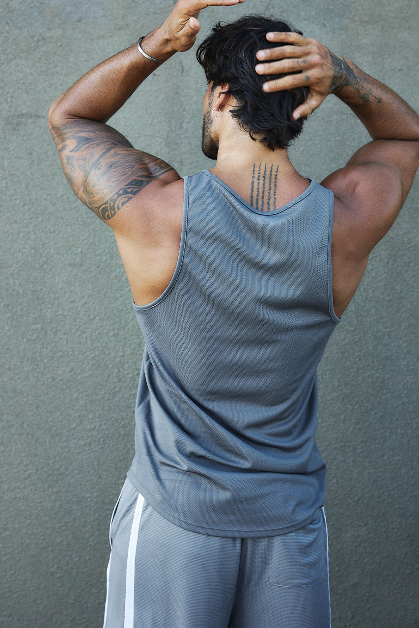 COSMO MUSCLE TANK TOP - GREY - COSMOMUSCLETANKTOP-GREYxLEODRAWSTRINGSHORTS-DARKGREY-05