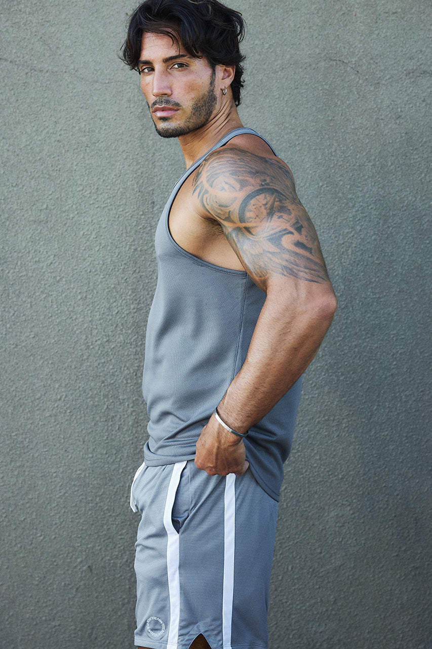 COSMO MUSCLE TANK TOP - GREY - COSMOMUSCLETANKTOP-GREYxLEODRAWSTRINGSHORTS-DARKGREY-06