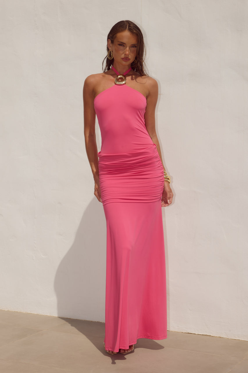 ALOLA HALTER RUCHED MAXI DRESS - HOT PINK - CR1_77961