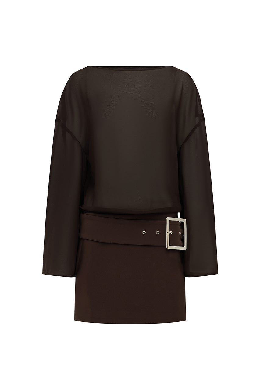 DARIA BOAT NECK MINI DRESS - CHOCOLATE - DARIABOATNECKMINIDRESS-CHOC