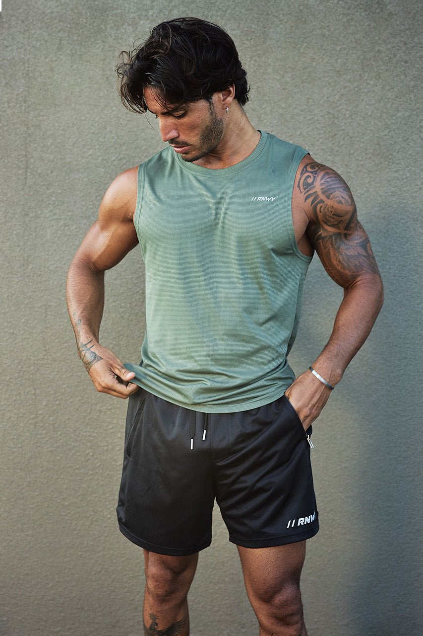 DASH FITTED TANK TOP - KHAKI - DASHFITTEDTANKTOP-KHAKIxWAYNEDRAWSTRINGSHORTS-BLACK