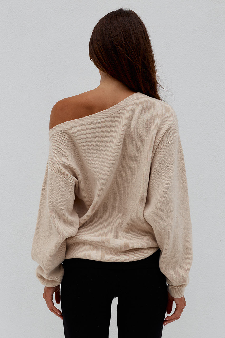 DIONNE OFF SHOULDER KNIT SWEATER - BISCUIT