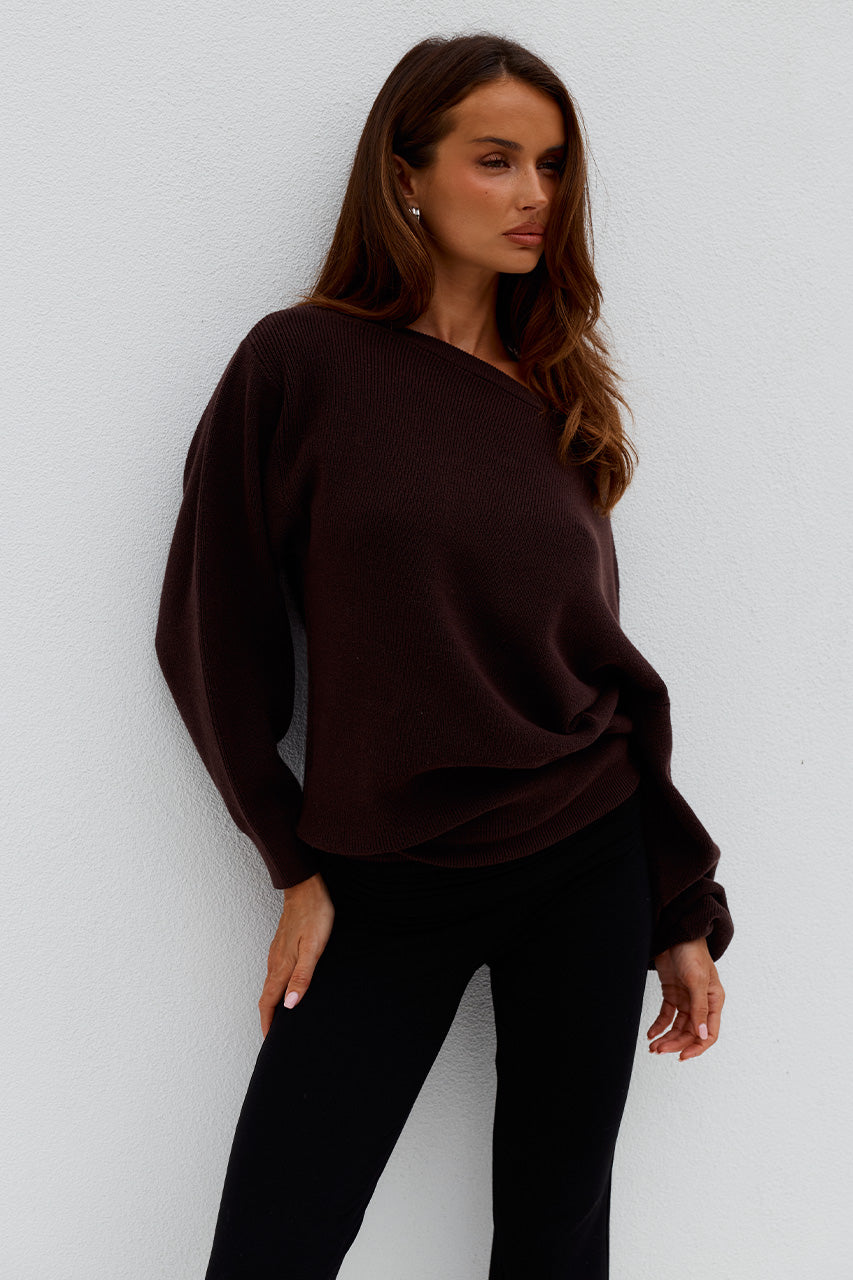DIONNE OFF SHOULDER KNIT SWEATER - CHOCOLATE