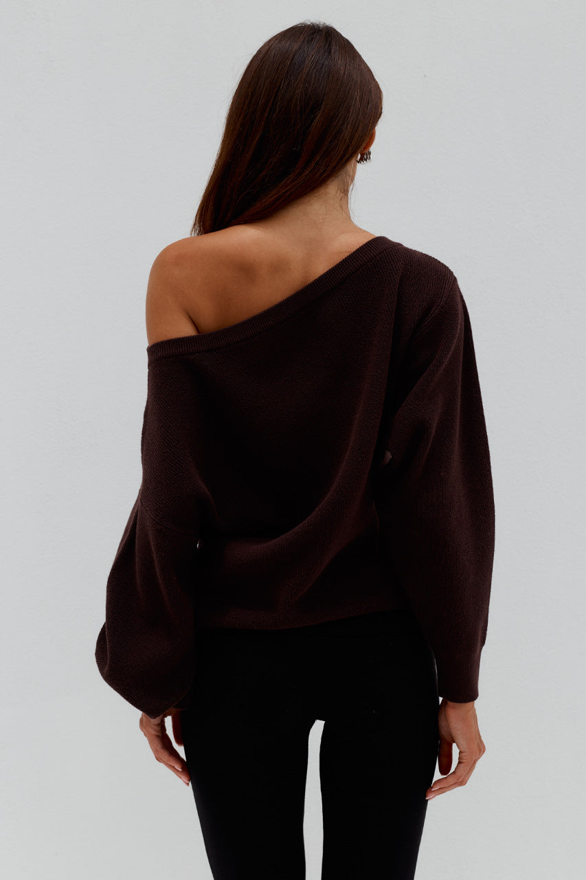 DIONNE OFF SHOULDER KNIT SWEATER - CHOCOLATE