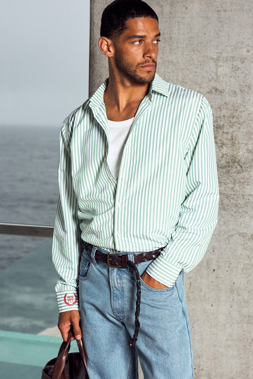 DREW LONG SLEEVE SHIRT - SAGE STRIPE