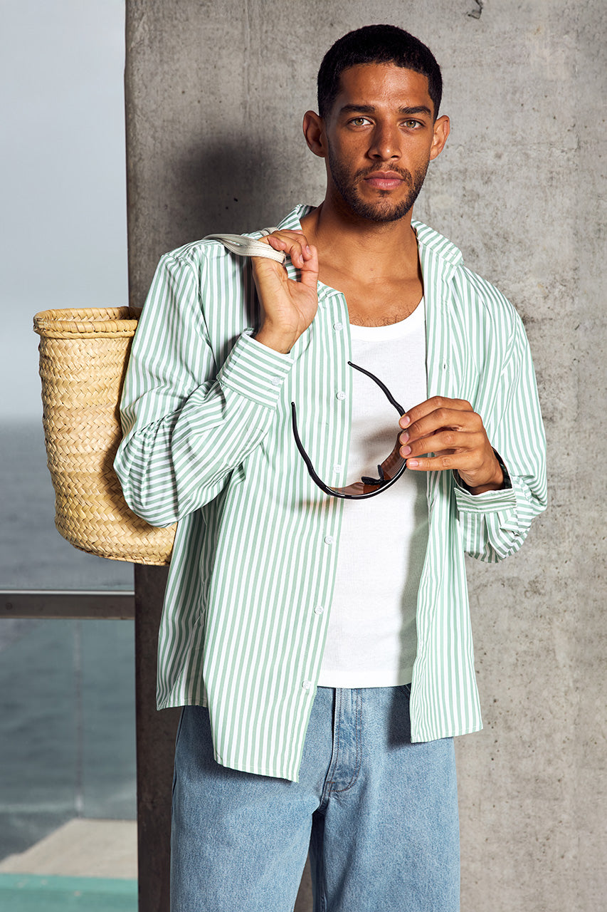 DREW LONG SLEEVE SHIRT - SAGE STRIPE