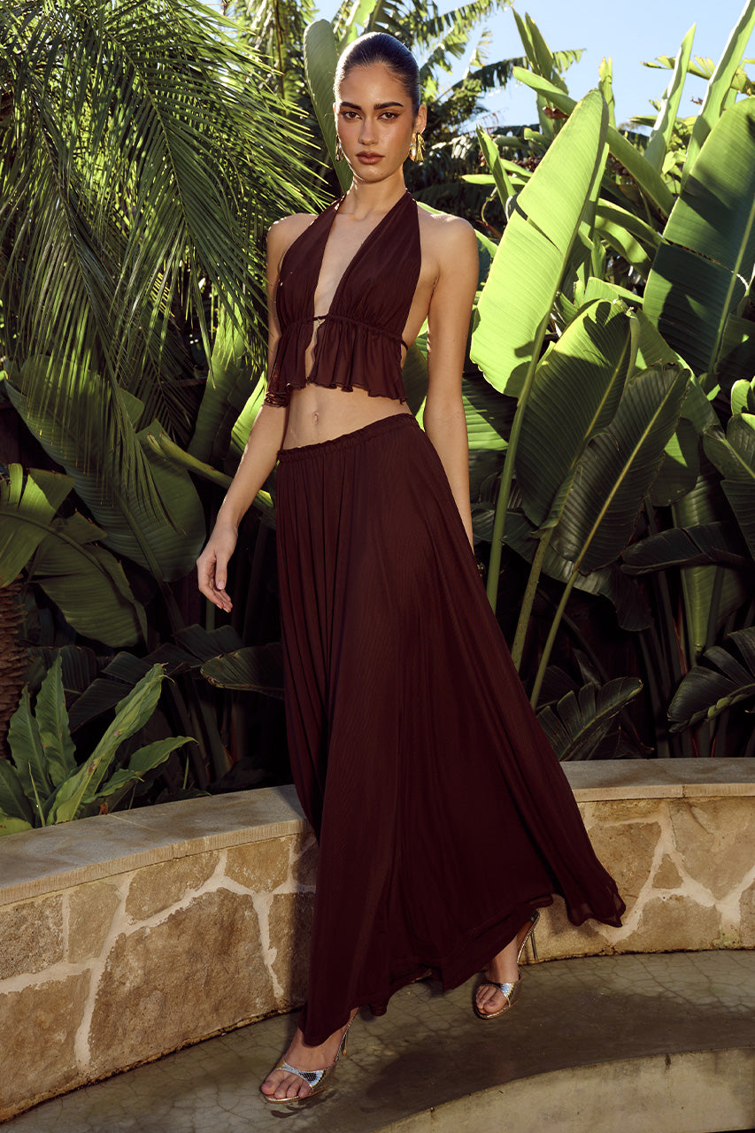 ELIO PLEATED MAXI SKIRT - BITTER CHOCOLATE - ELIOPLEATEDMAXISKIRTXELIOOPENBACKHALTERTOP-CHOCOLATE-14