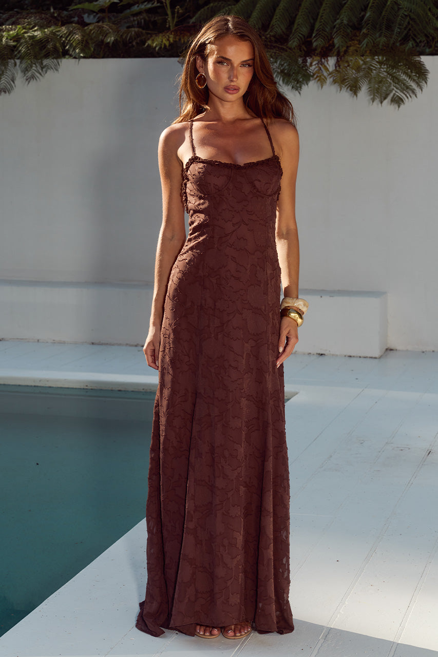 ELLERBY FRILL TRIM MAXI DRESS - CHOCOLATE - ELLERBYFRILLTRIMMAXIDRESS-CHOCOLATE