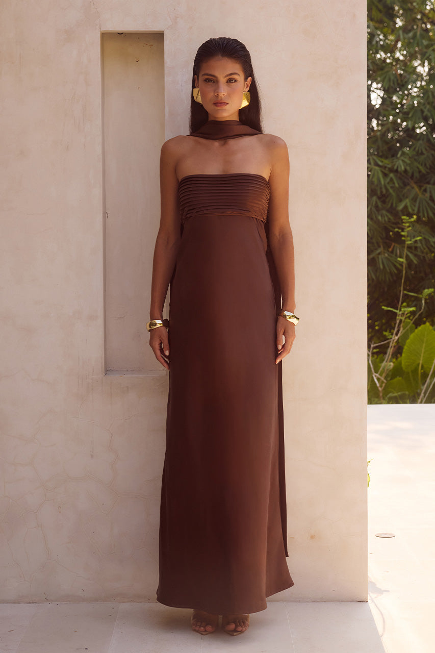 ELSA STRAPLESS SCARF MAXI DRESS - CHOCOLATE - ELSAMAXIDRESSCHOCOLATE