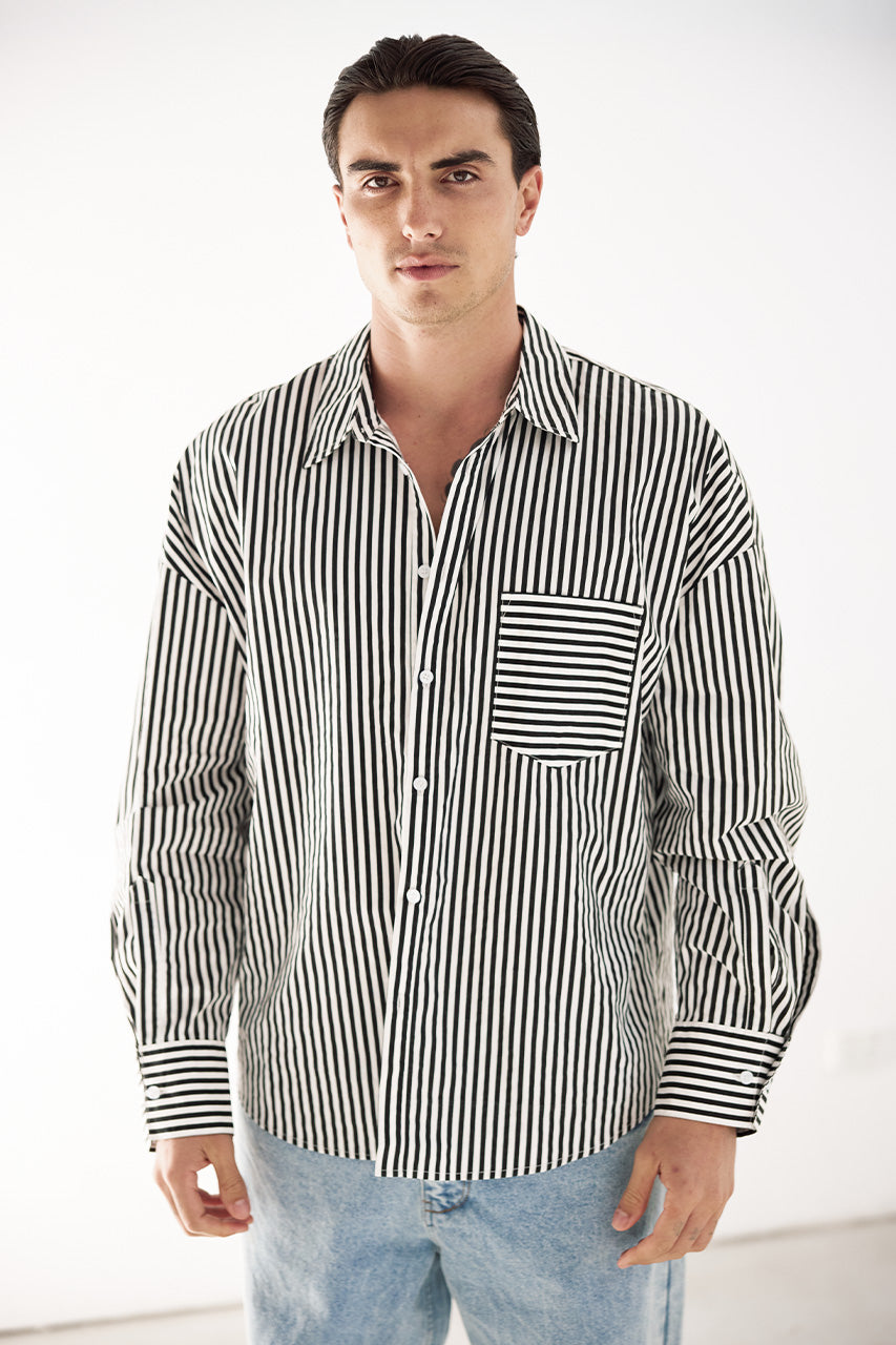 ESTVAN LONG SLEEVE SHIRT - PINSTRIPE BLACK/WHITE
